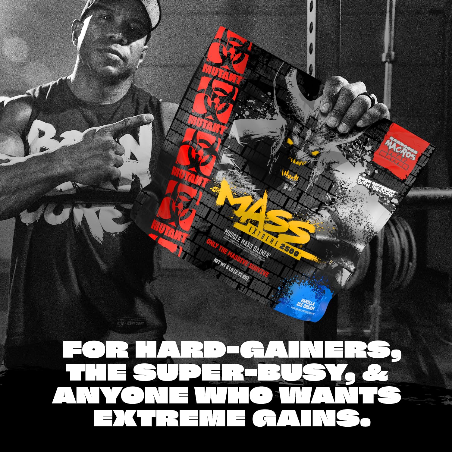 Mutant Mass Extreme 2500: mezcla con leche para textura cremosa y sabor intenso.