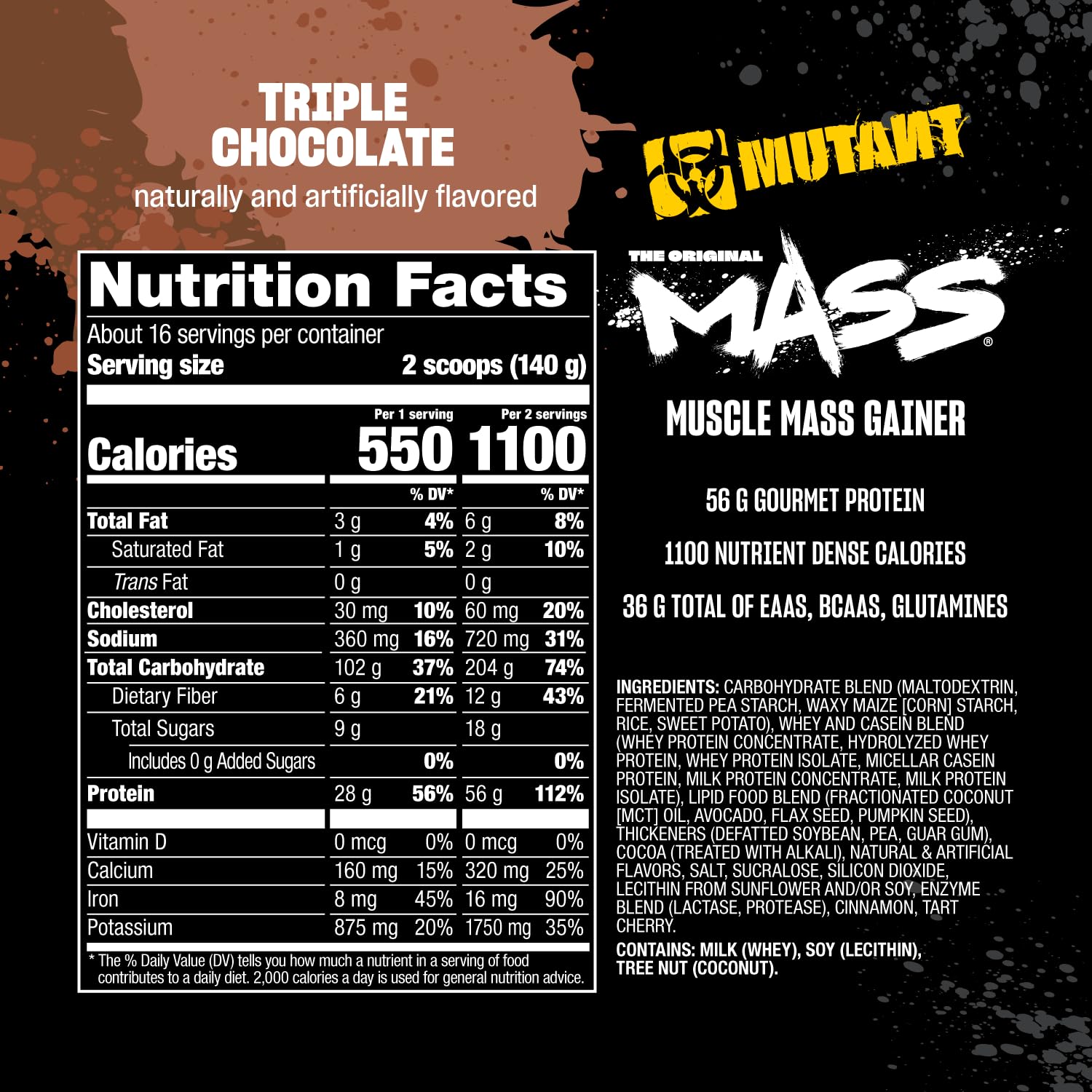 Mezcla proteica de Mutant Mass con whey, caseína y concentrado.