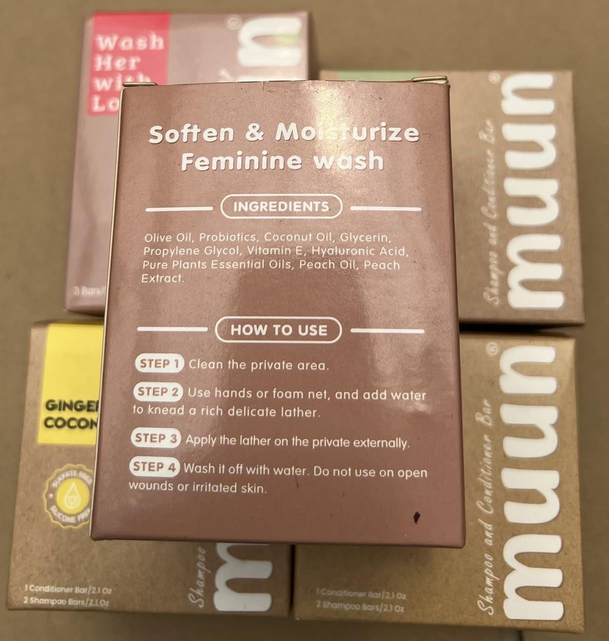 Muun jabón Yoni balanceado, cuidado diario con ingredientes naturales.