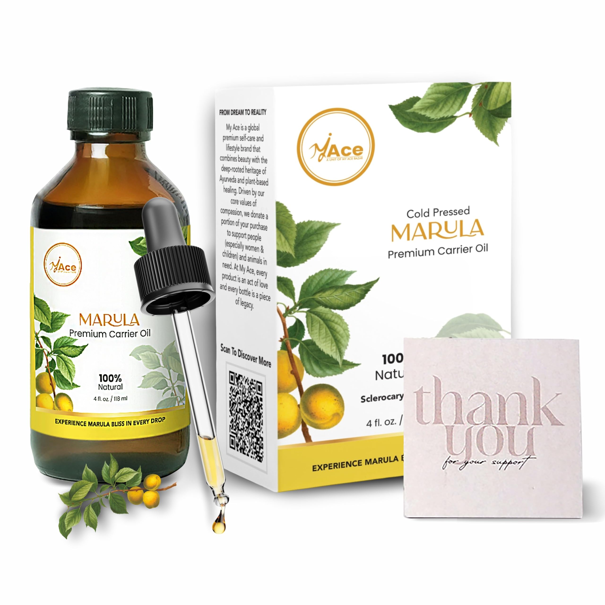 MY ACE Aceite de Marula: botella con gotero para dosificar hidratación precisa.