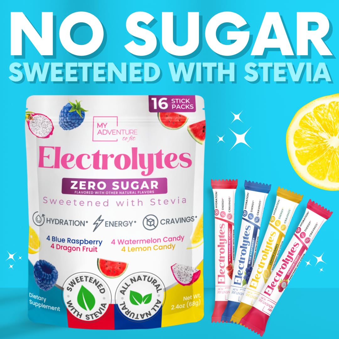 My Adventure to Fit electrolitos endulzado con stevia, sabor agradable, opción sin azúcar.