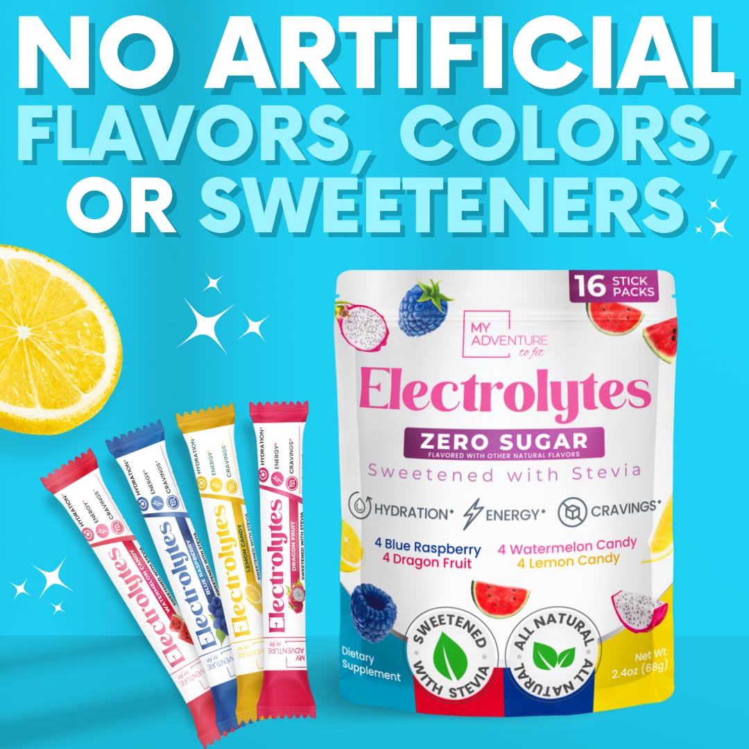 My Adventure to Fit electrolitos en polvo, sabor frambuesa azul, compatible con dieta cetogénica.