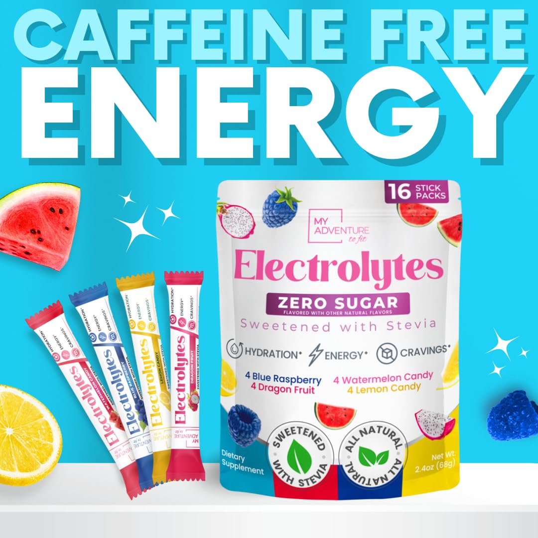 My Adventure to Fit bebida de electrolitos sin cafeína para uso diario.