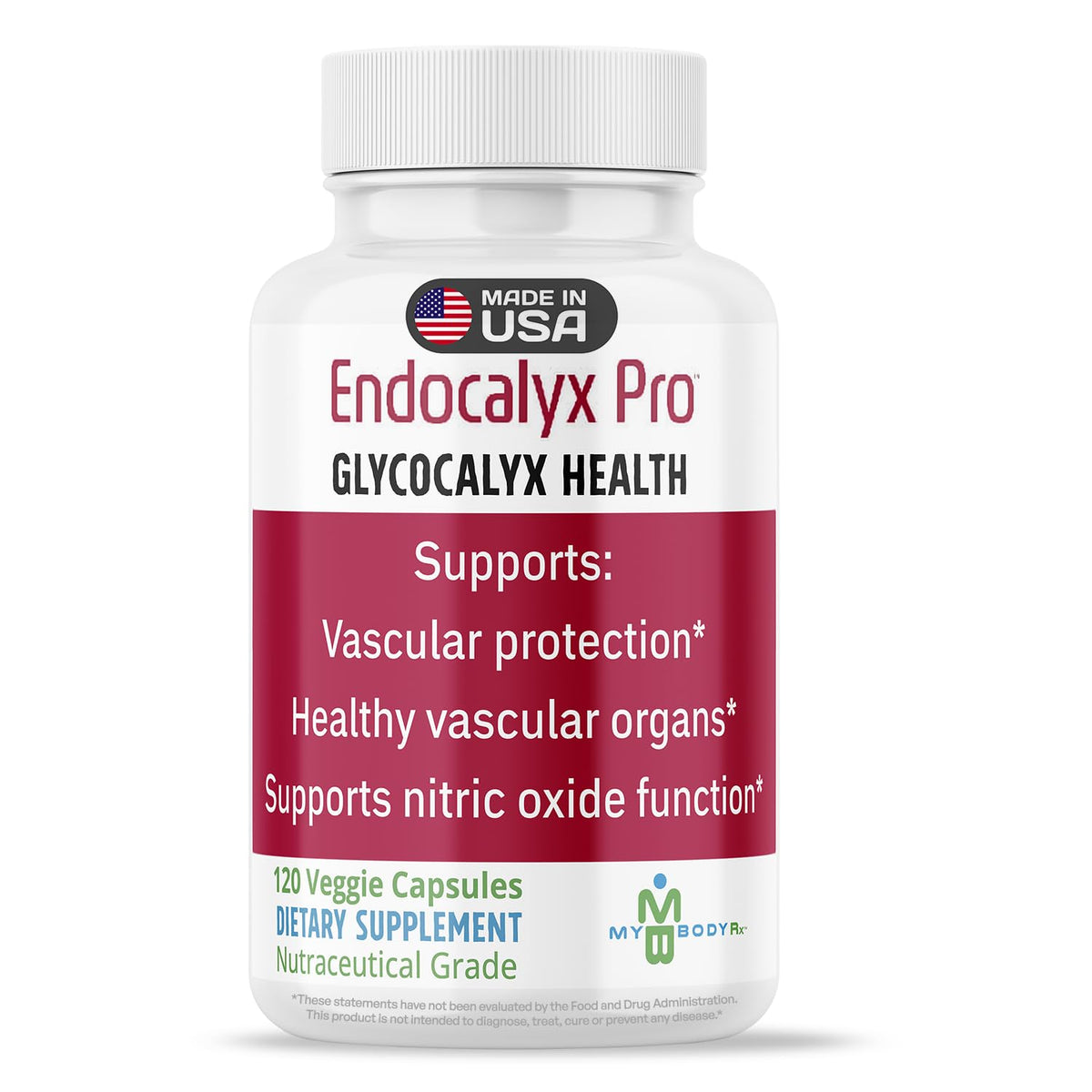 MYBODYRX Endocalyx Pro, botella de cápsulas, posible apoyo a la salud vascular diaria.