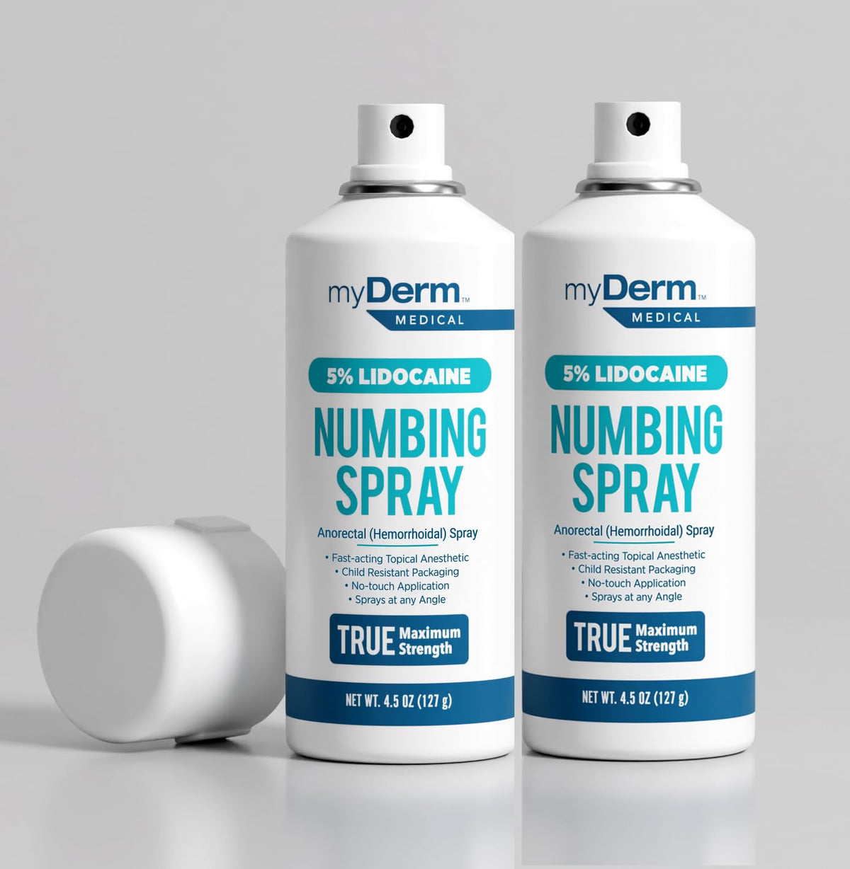 Myderm Numbing Spray en empaque frontal para primeros auxilios.