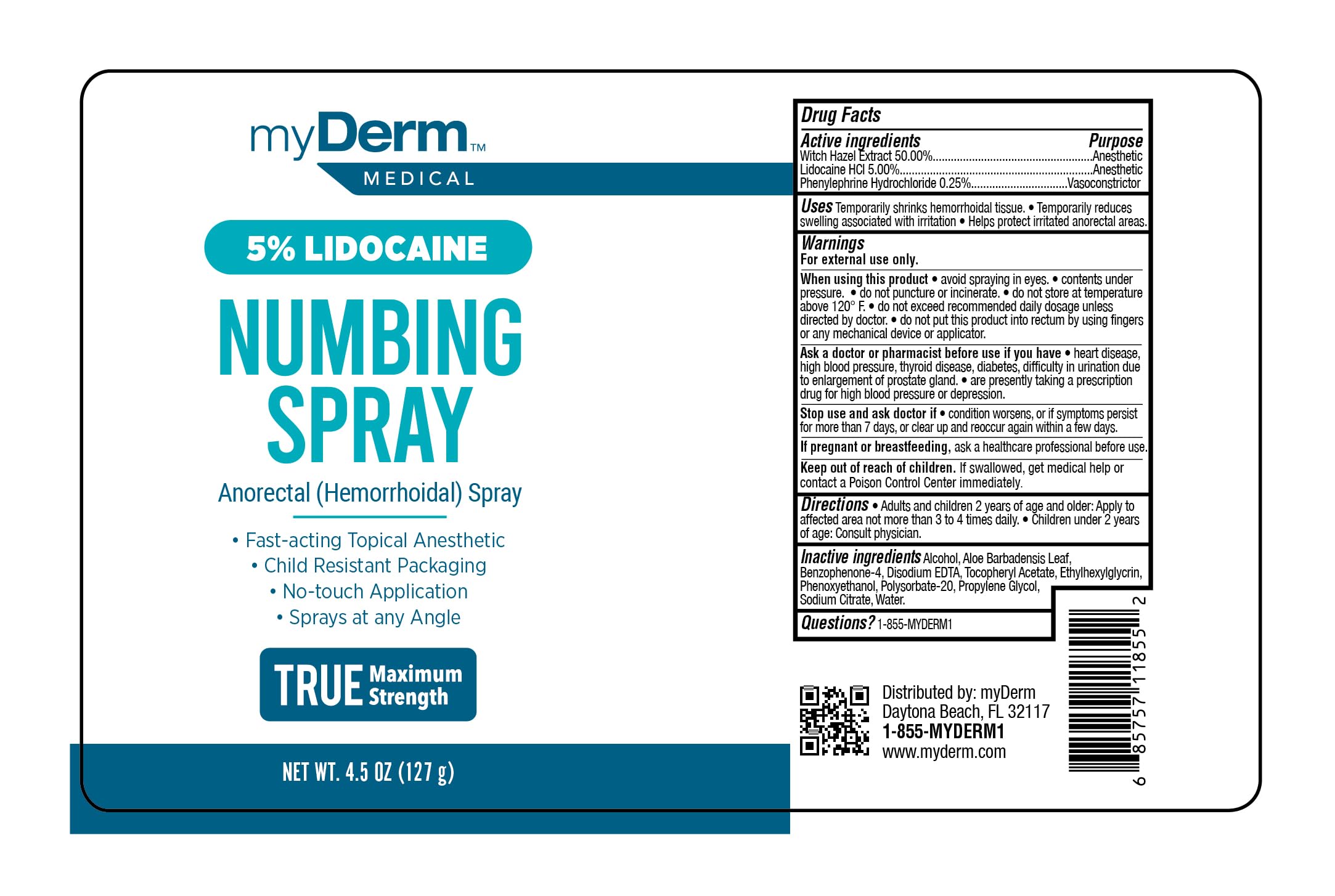 Producto Myderm Numbing Spray hecho en Estados Unidos en instalación certificada.