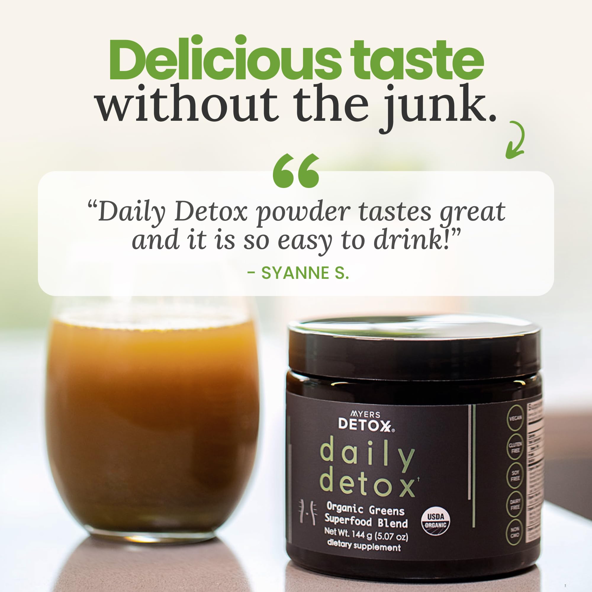 Porción medidora de Myers Detox Daily Greens para nutrición diaria