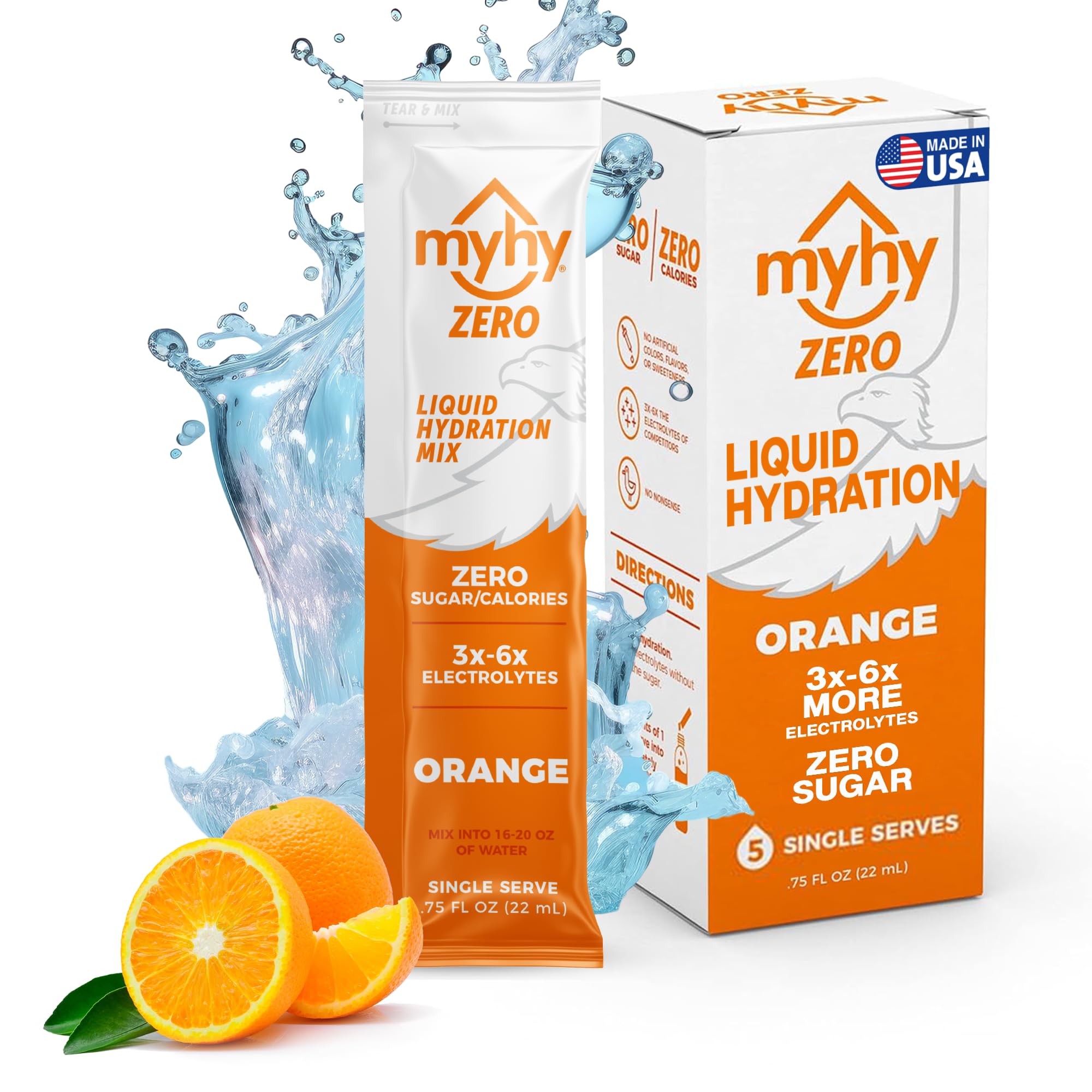 MyHy ZERO sobres hidratación naranja, listos para mezclar en agua y hidratar al instante.