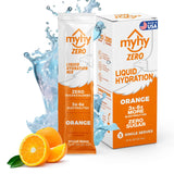 MyHy ZERO sobres hidratación naranja, listos para mezclar en agua y hidratar al instante.