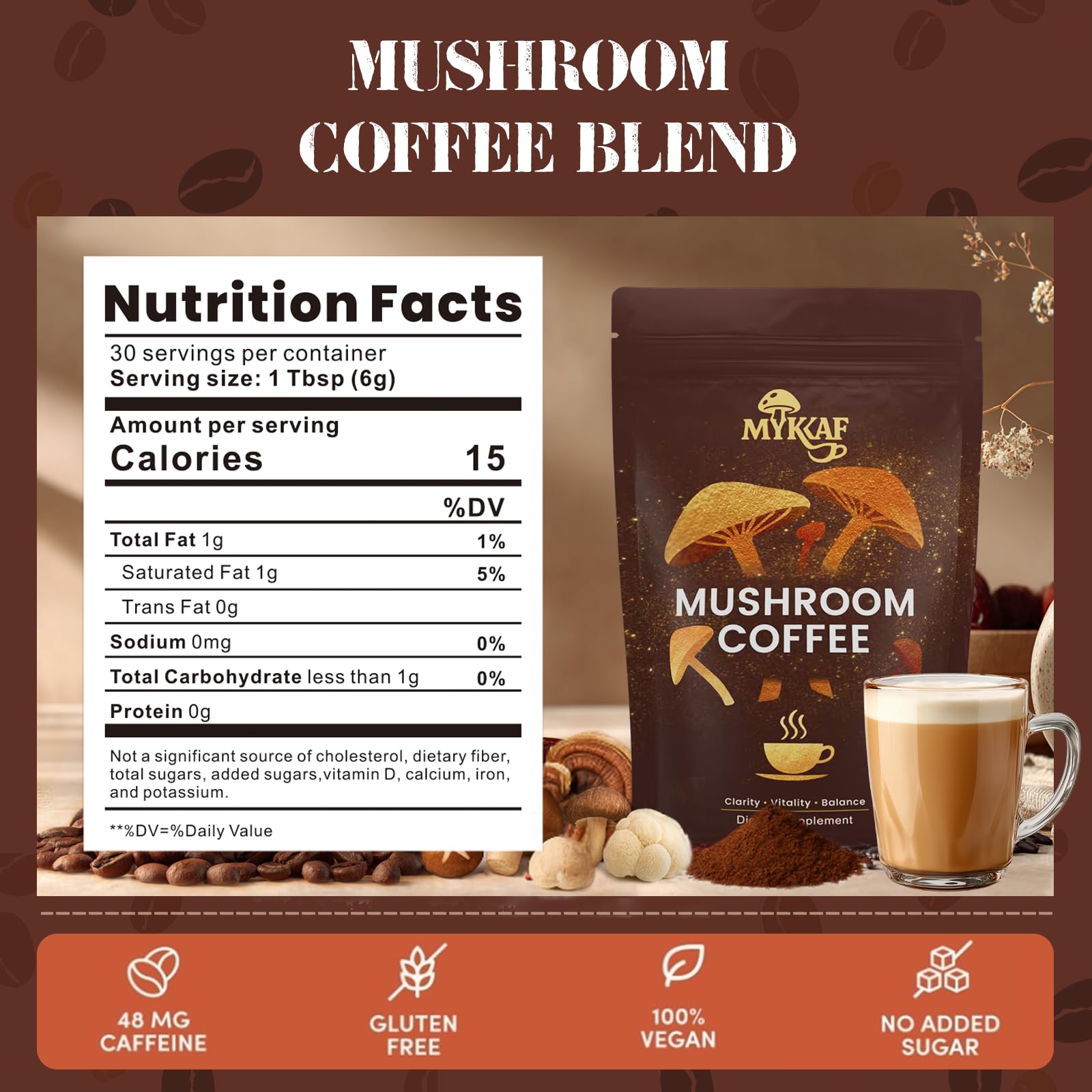 MYKAF mezcla melena de león reishi y cordyceps para enfoque claro.