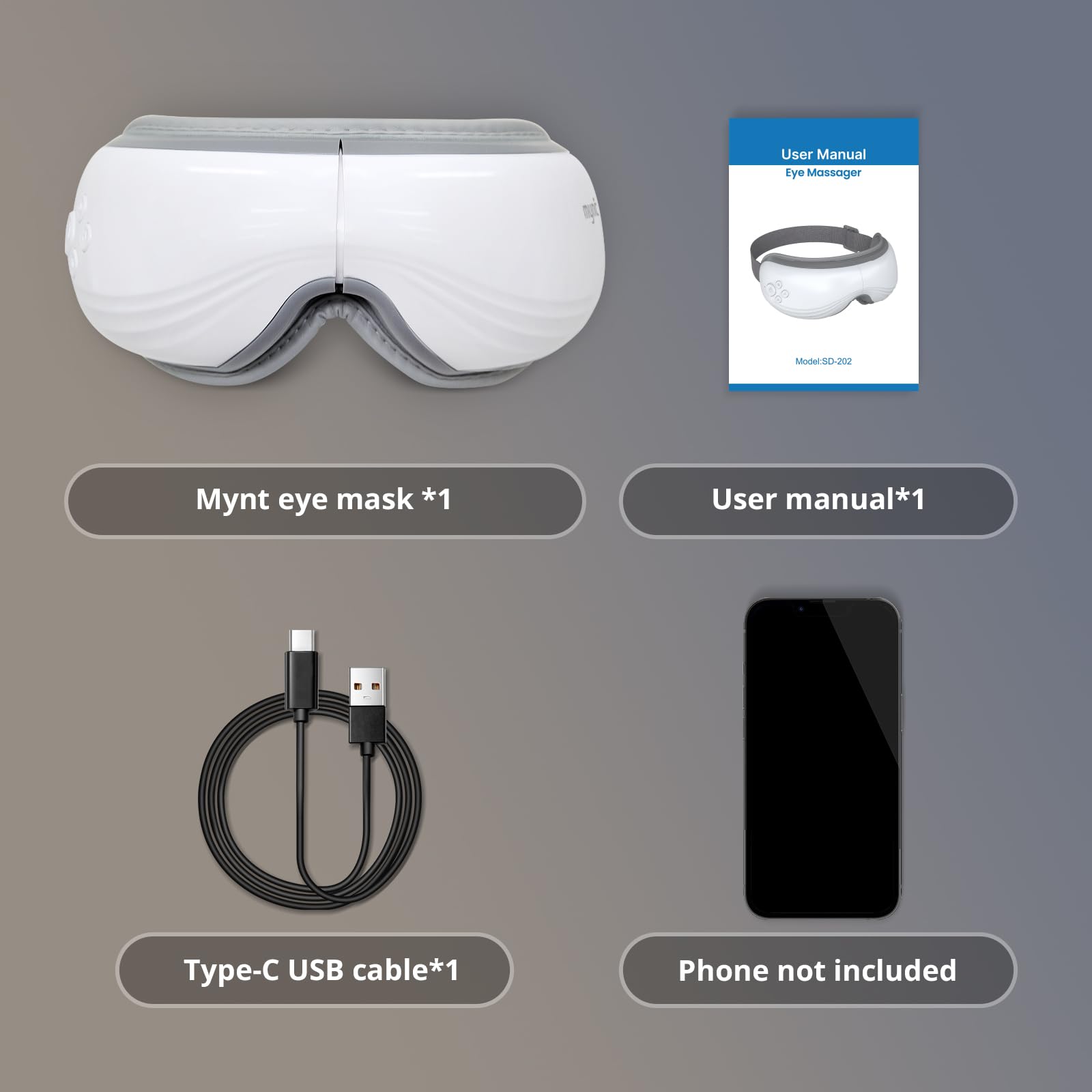 Mynt contenido de la caja: masaje ocular, cable de carga y manual.