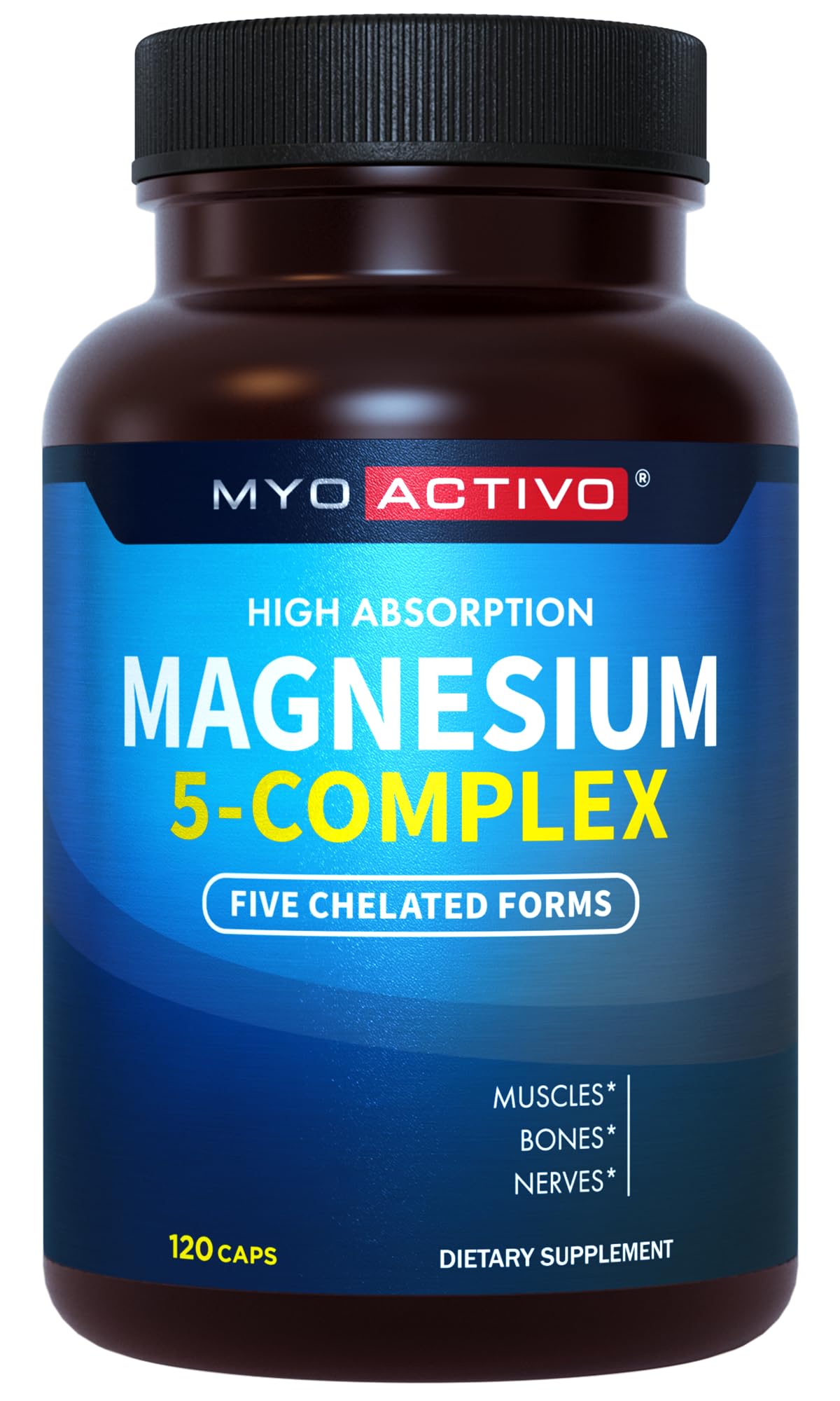 MyoActivo 5-en-1 magnesio, frasco de cápsulas para apoyo muscular