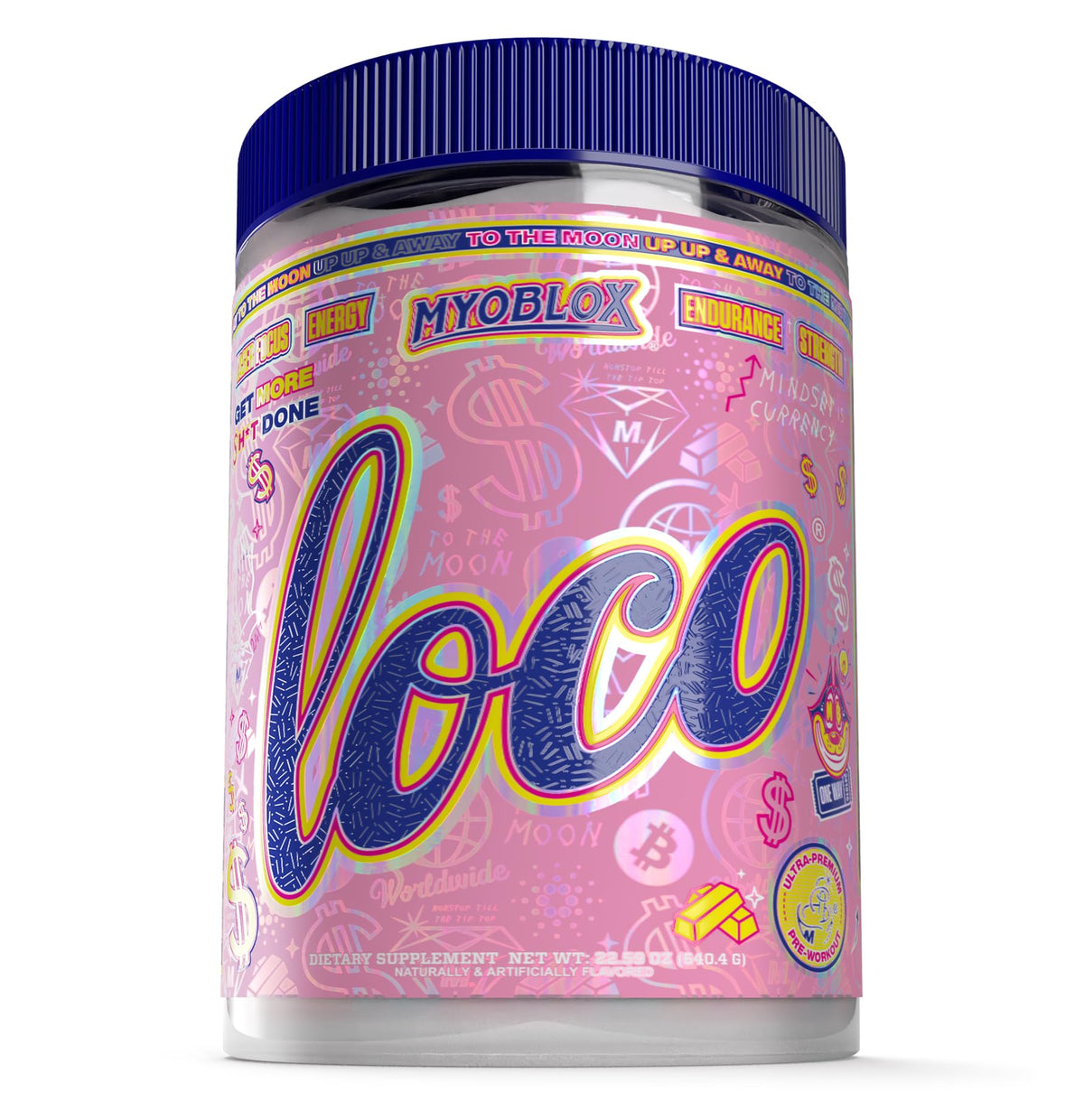 MyoBlox LOCO en lata, enfoque envase para energía previa al entrenamiento.