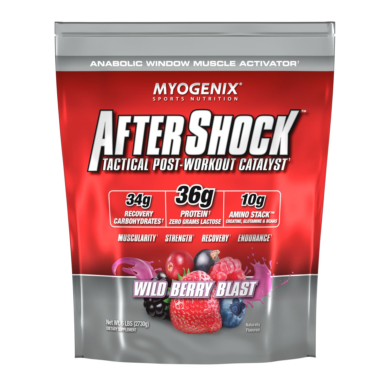 Myogenix Aftershock bote frambuesa salvaje, derramando para recuperación posentrenamiento.