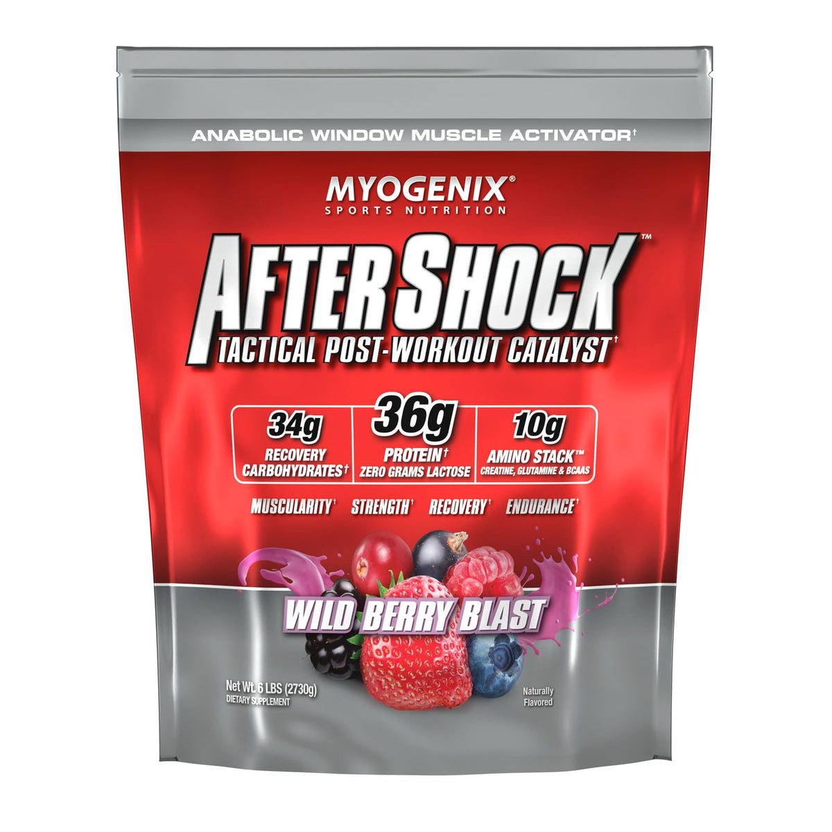 Myogenix Aftershock bote frambuesa salvaje, derramando para recuperación posentrenamiento.