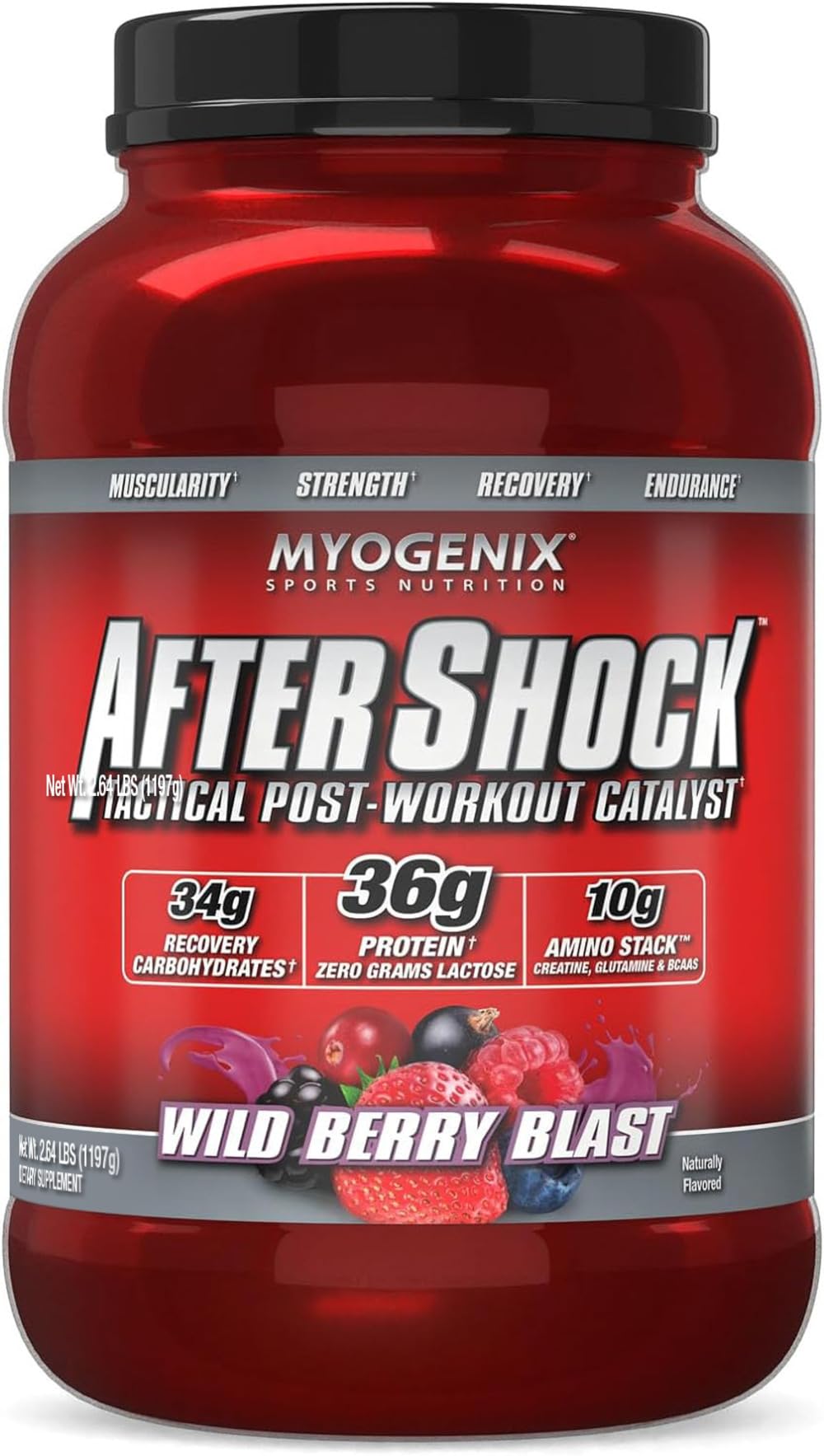 Myogenix Aftershock: bote de proteína Wildberry Blast para recuperación muscular rápida.