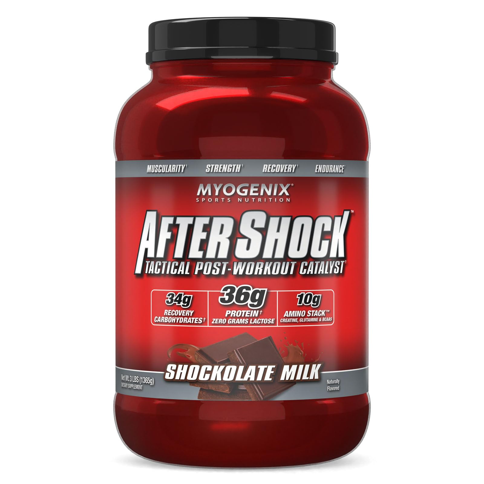 Myogenix Aftershock post-entrenamiento, proteína de absorción rápida para recuperación muscular.