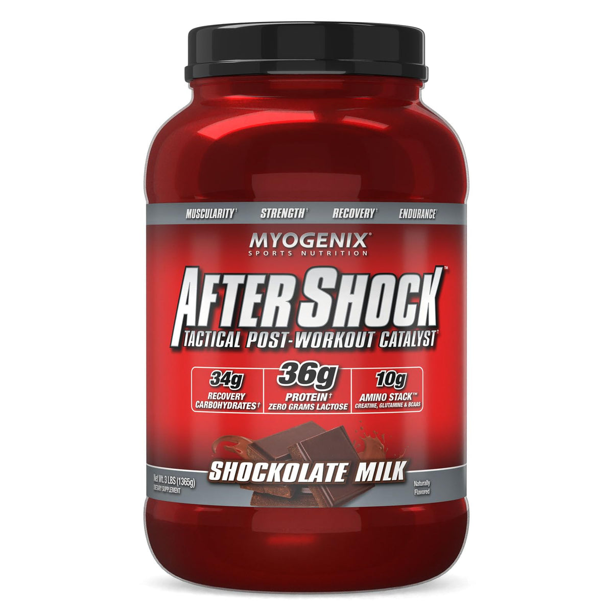 Myogenix Aftershock post-entrenamiento, proteína de absorción rápida para recuperación muscular.