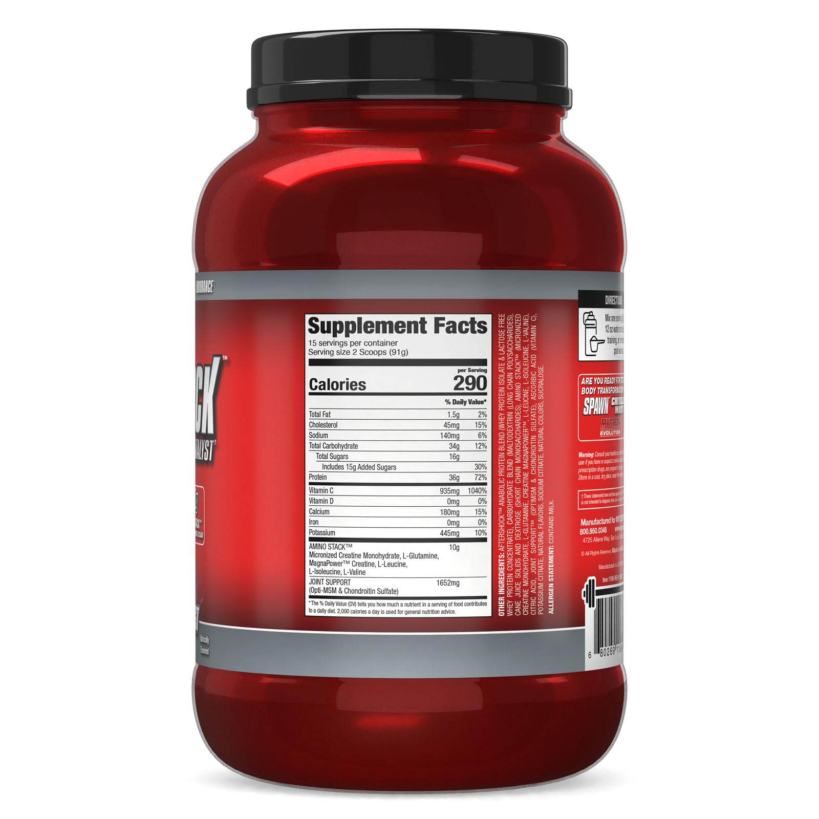Myogenix Aftershock: sabor Wildberry Blast en vaso transparentes, apetecible.