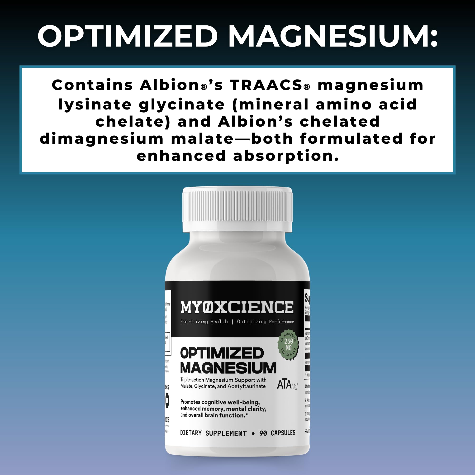 MYOXCIENCE cápsulas de magnesio glicinato taurato en envase compacto.