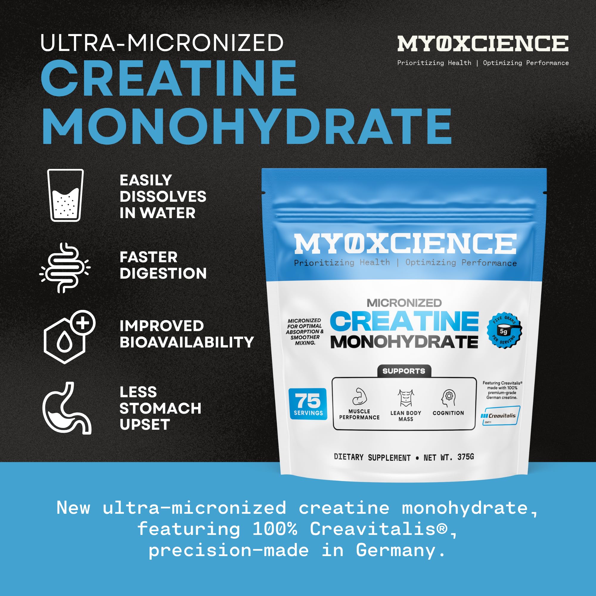 MYOXCIENCE Creavitalis contenedor 75 porciones para entrenamientos consistentes.