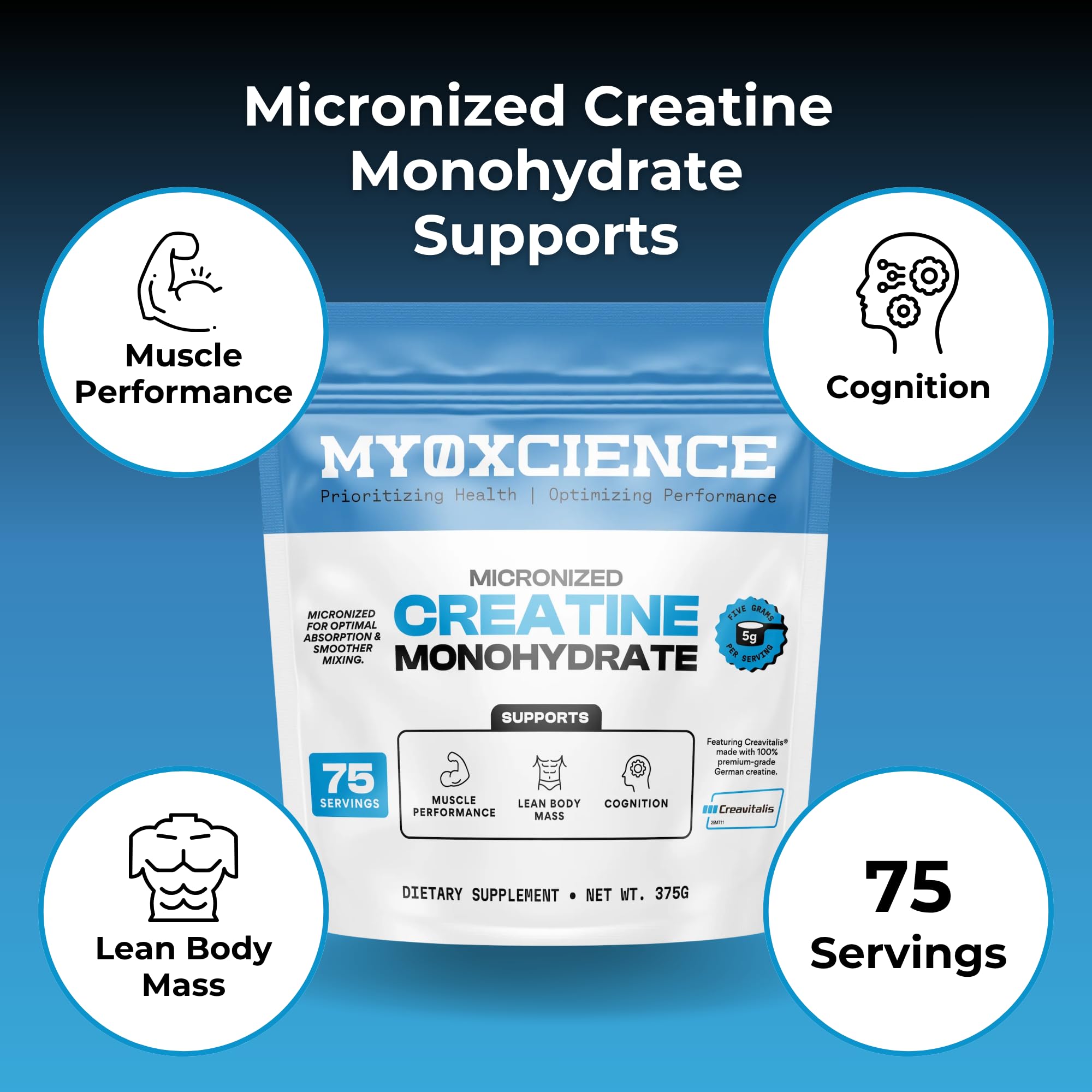 MYOXCIENCE Creavitalis etiqueta de calidad que resalta pureza y certificaciones.