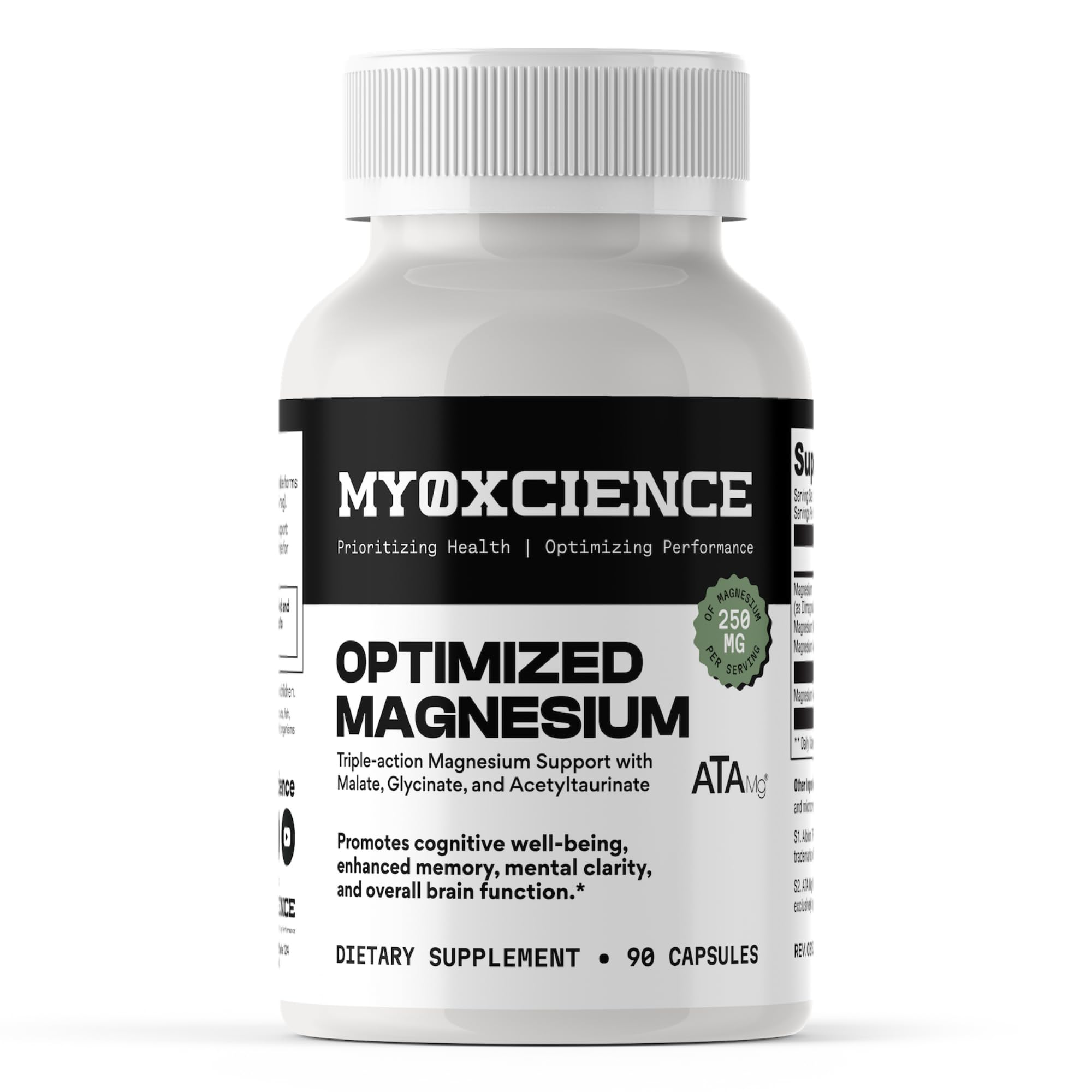 MYOXCIENCE magnesio glicinato taurato en bote volcado para rutina diaria.