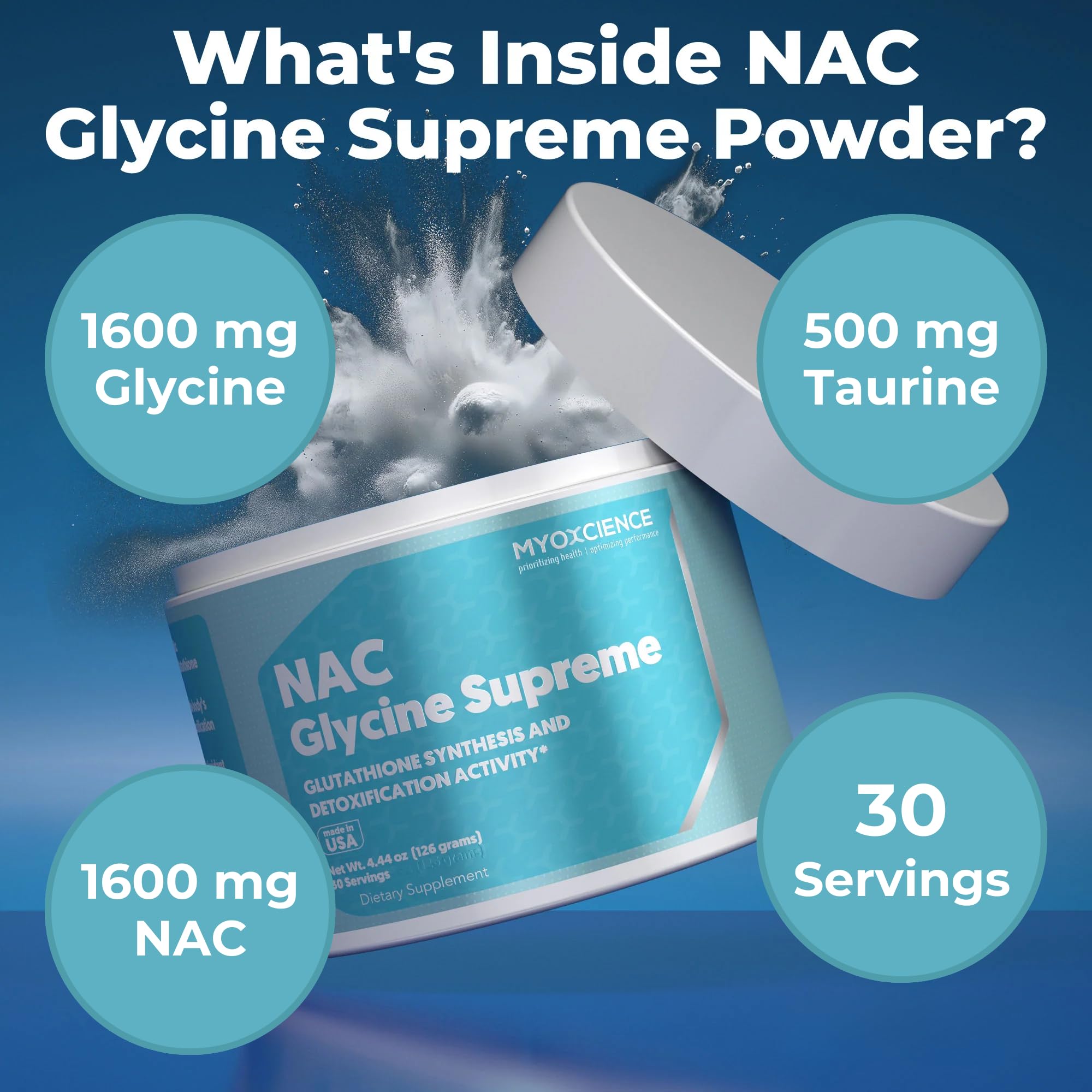 MYOXCIENCE NAC Glycine Supreme, etiqueta clara con información de ingredientes y dosis