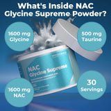 MYOXCIENCE NAC Glycine Supreme, etiqueta clara con información de ingredientes y dosis
