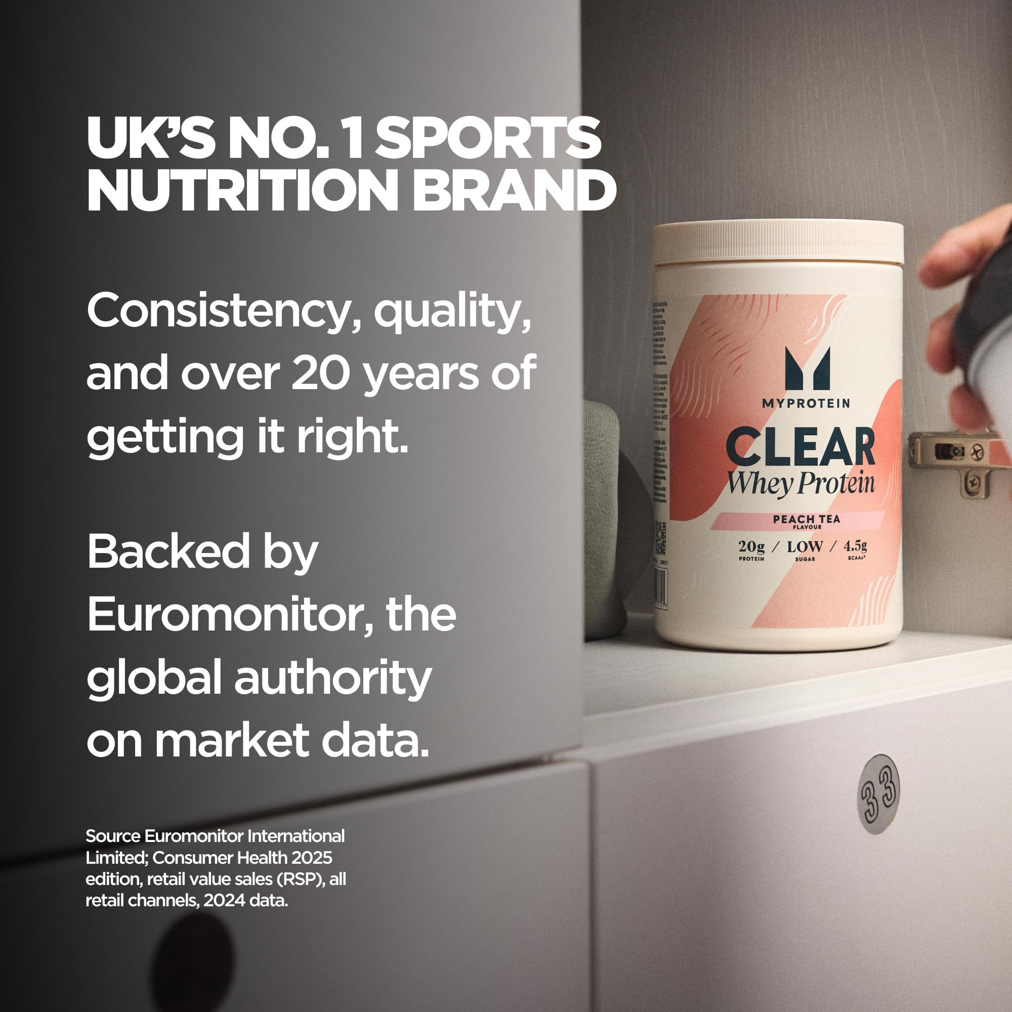 Myprotein Clear Whey Isolate: batido translúcido, opción ligera para merienda post-entrenamiento.