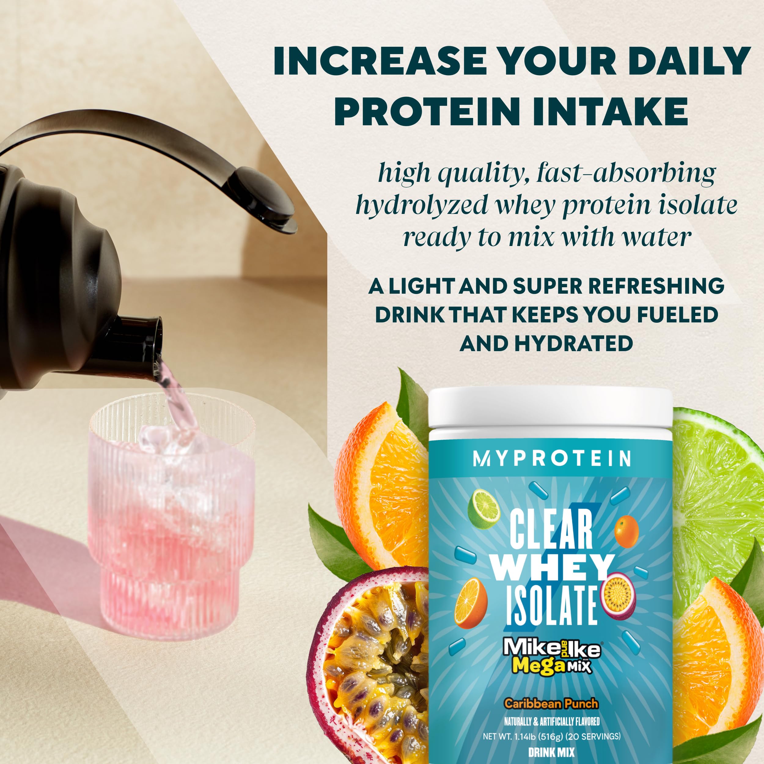 myprotein bebida transparente de agua fría, opción ligera y refrescante.