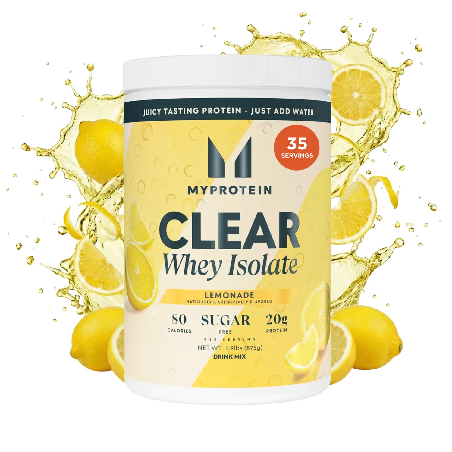 Envase de Myprotein Clear Whey Isolate para tomar proteína rápidamente.