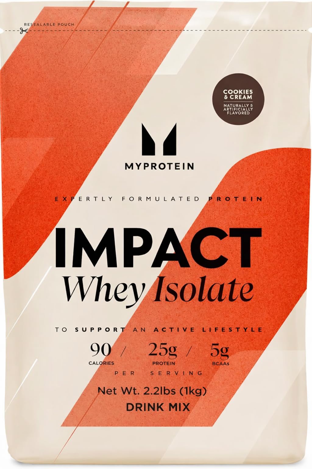 Myprotein Impact Whey Isolate, envase de sabor galleta y crema, ideal para entrenamiento diario.