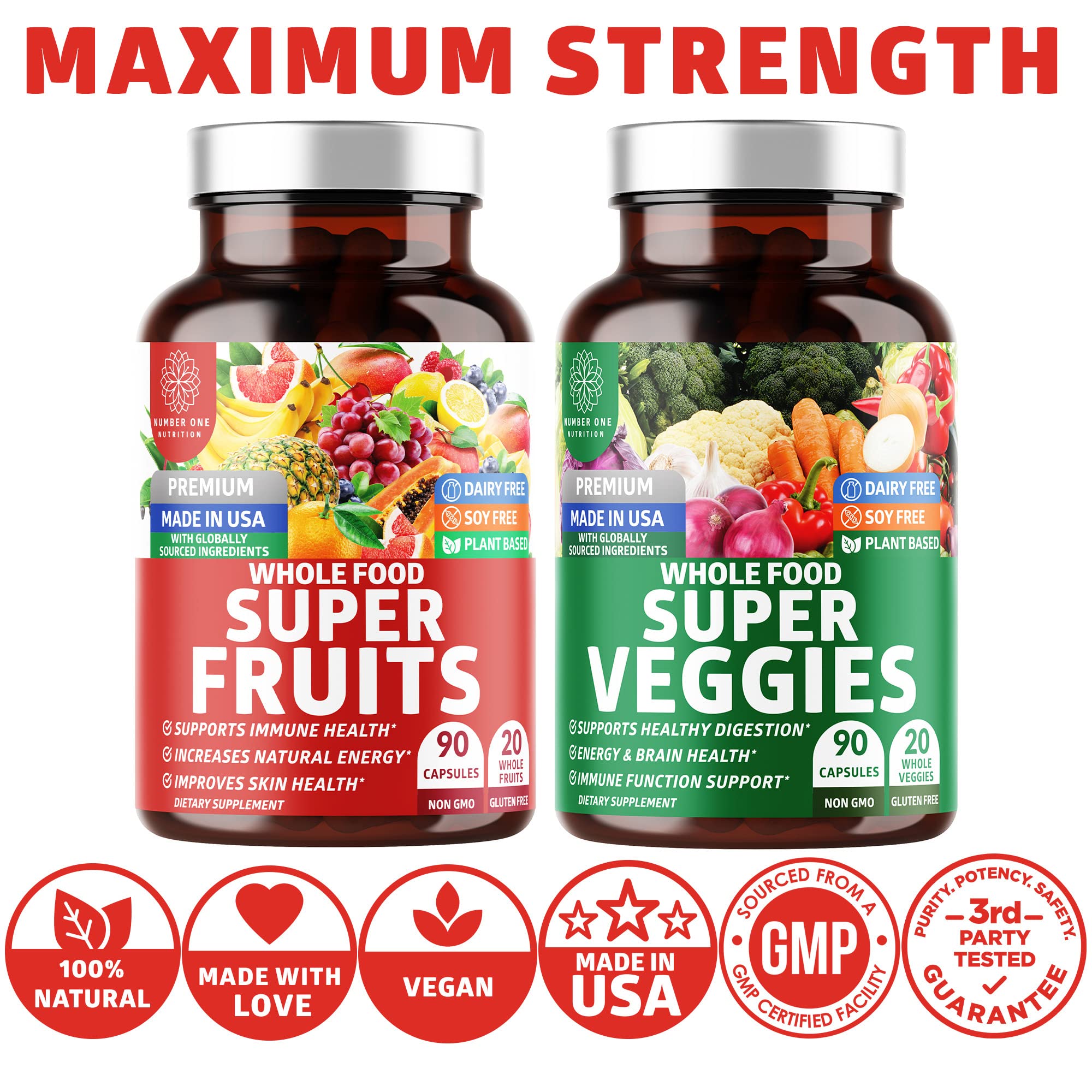 Number One Nutrition N1N, mezcla de frutos y verduras en colores vibrantes.