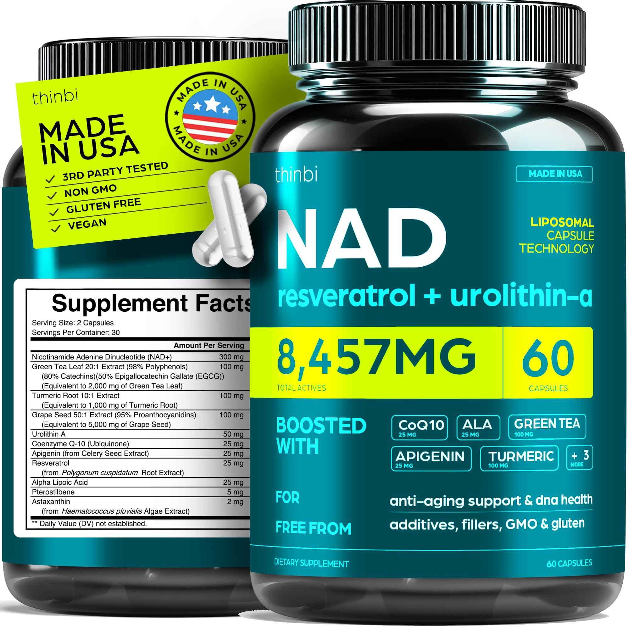 NAD Suplemento liposomal frente a botella mostrando empaque y diseño para uso diario.