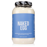 NAKED 3LB egg white protein bottle pour shows additive-free nutrition for workouts.