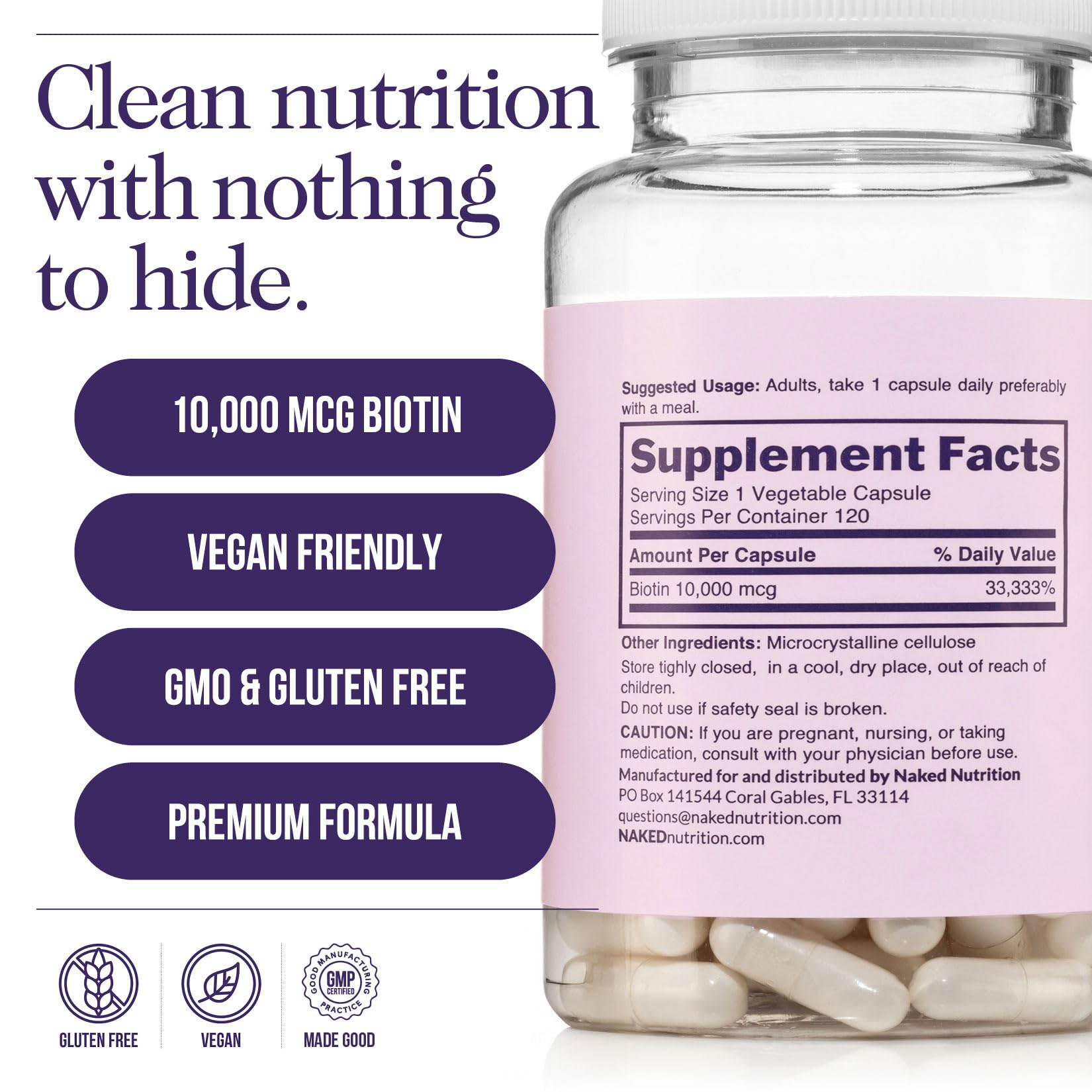 Iconos veganos y sin gluten en el envase de NAKED Biotin