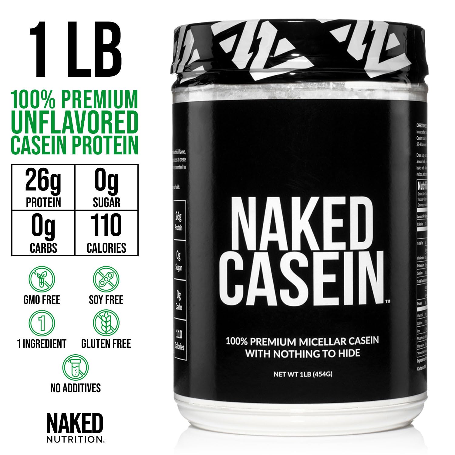 NAKED Casein, etiqueta certificada por NSF, garantiza pureza y seguridad.