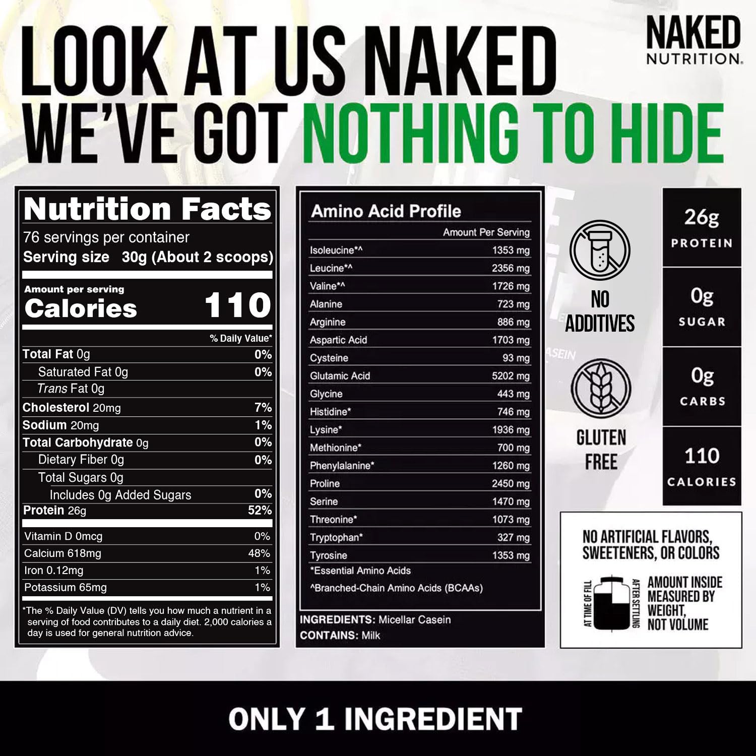 NAKED Caseína 26 g de proteína por porción para recuperación
