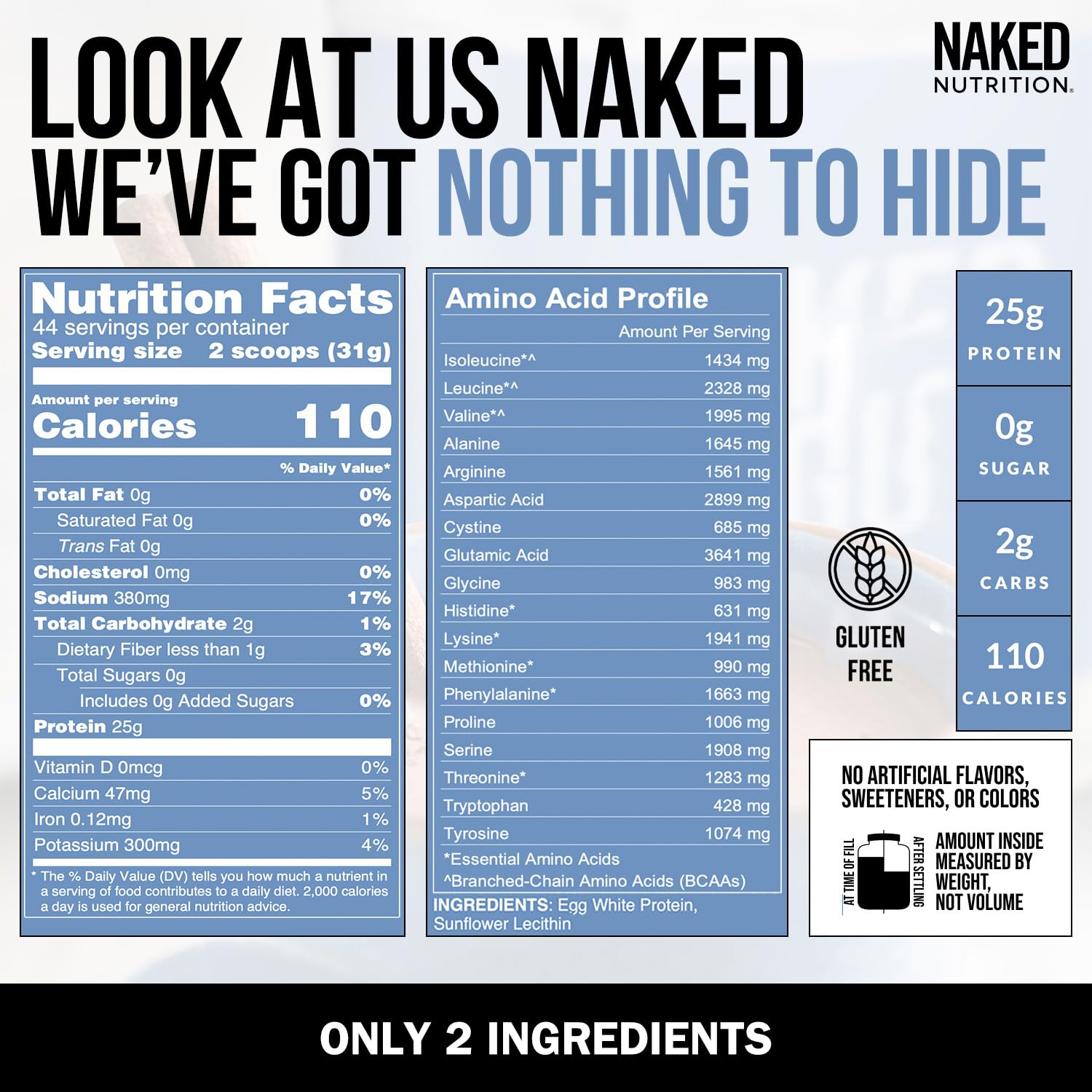 NAKED egg white protein close-up highlights non-GMO, US-sourced eggs in the powder.