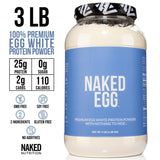 NAKED egg white protein label emphasizes US farm sourcing and dairy-free ingredients.