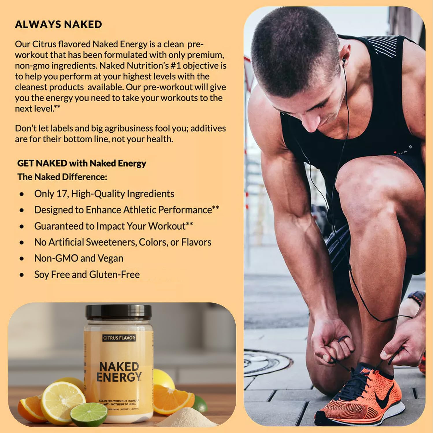 NAKED Citrus Energy certificado NSF, etiqueta visible para seguridad