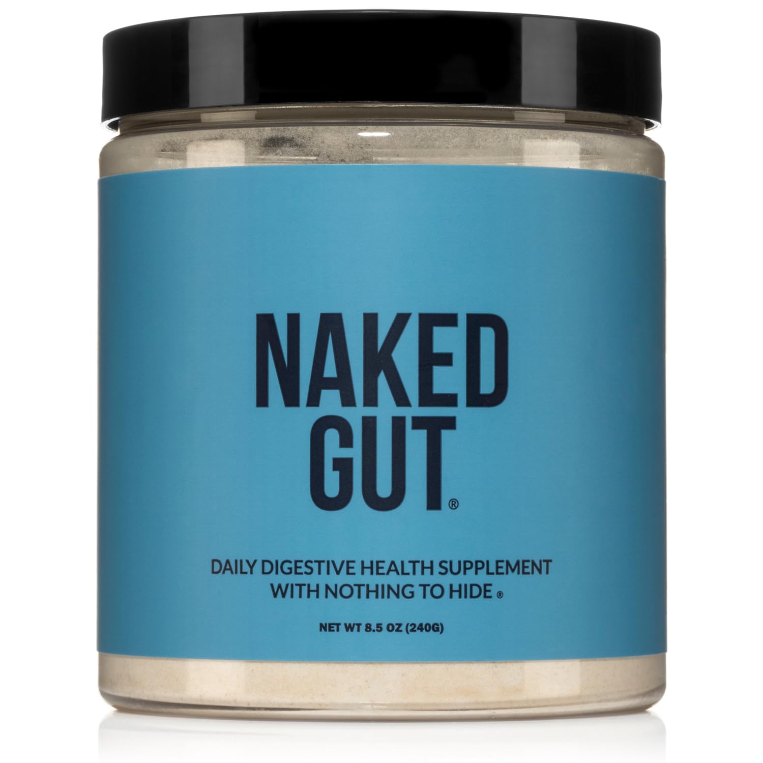 NAKED Gut botella frontal para soporte digestivo diario.