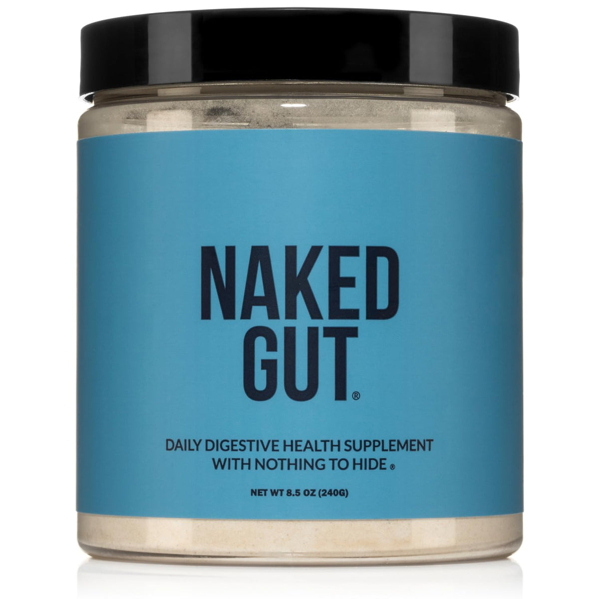 NAKED Gut botella frontal para soporte digestivo diario.
