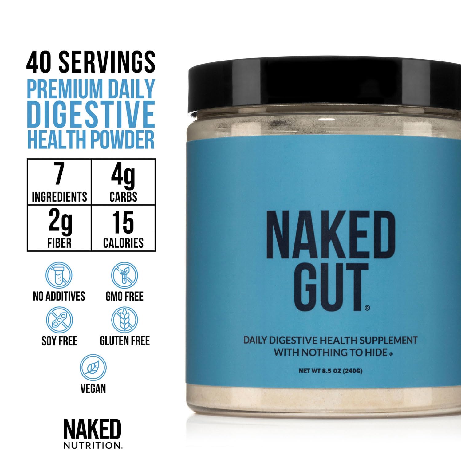 NAKED Gut empaque enfatiza ingredientes naturales y sin alérgenos.
