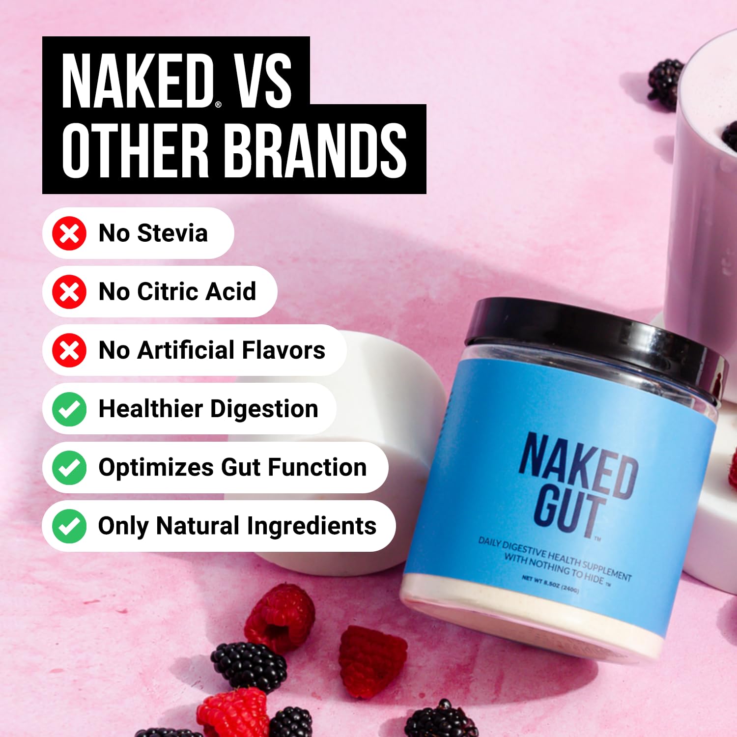 NAKED Gut etiqueta trasera destaca ingredientes prebióticos y probióticos.