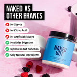 NAKED Gut etiqueta trasera destaca ingredientes prebióticos y probióticos.