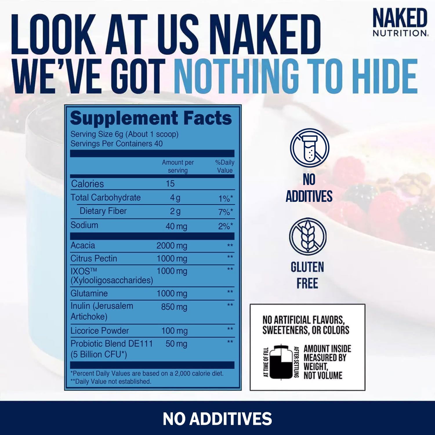 NAKED Gut visual de prebióticos, glutamina y fibra soluble.