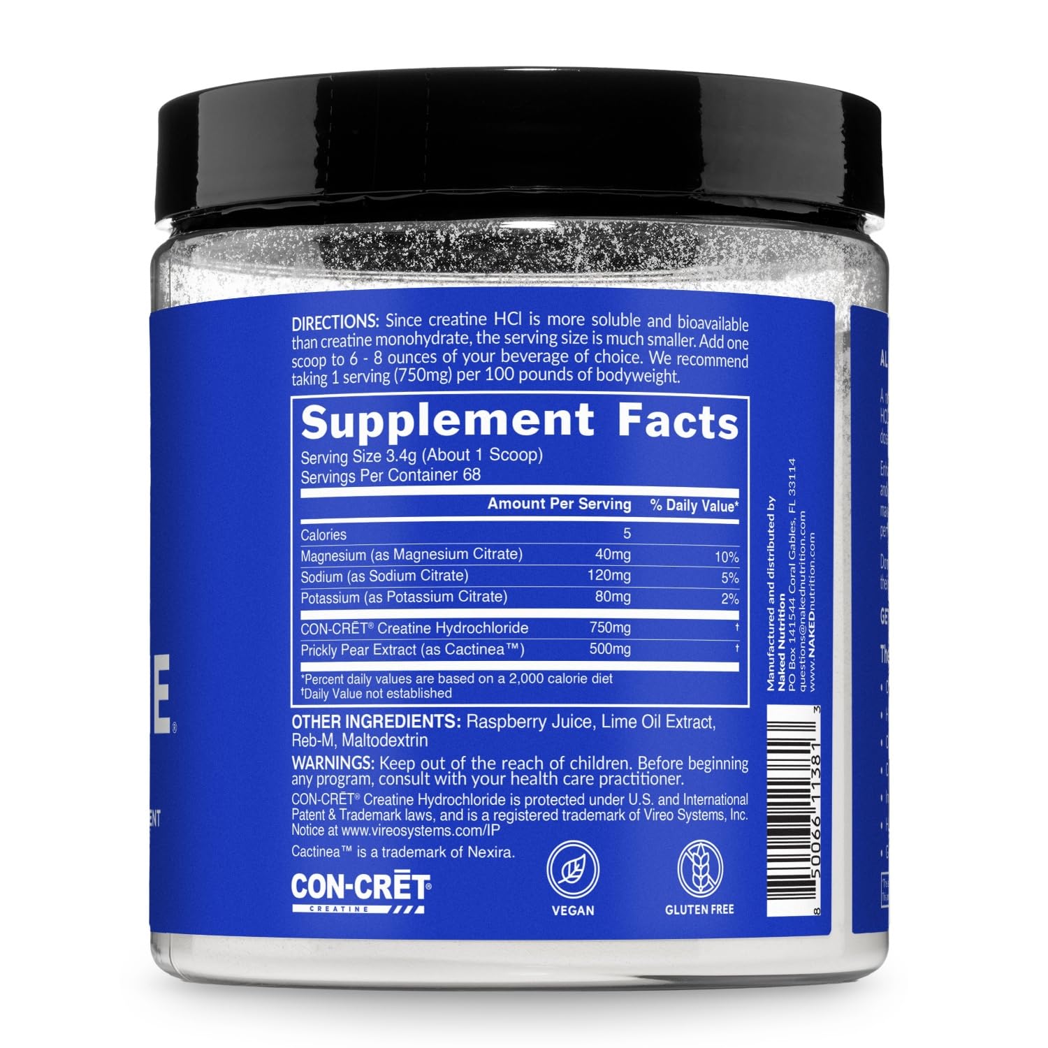 Fórmula ultra soluble de Naked Lean Creatine HCl con seis ingredientes limpios