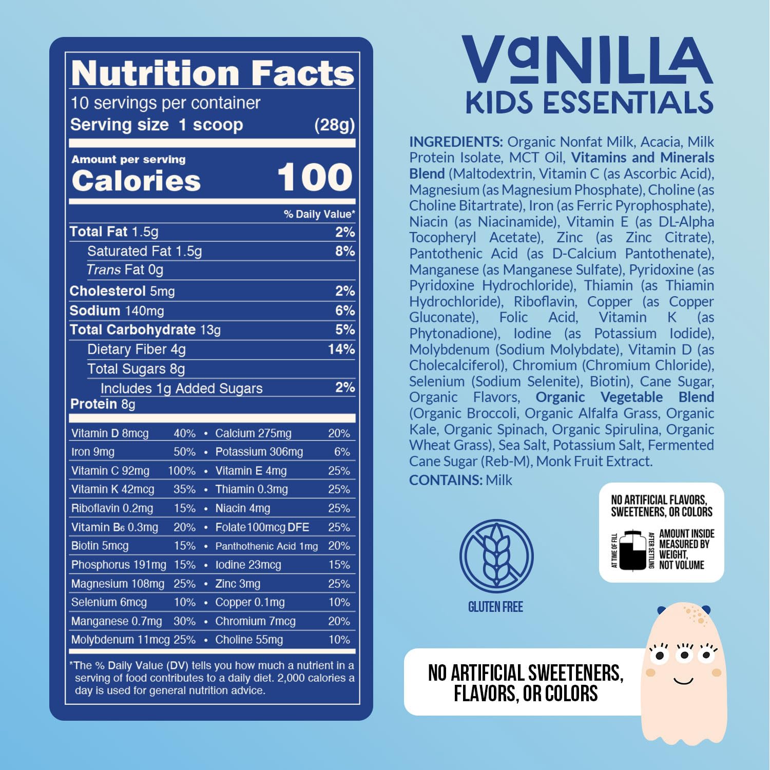 NAKED vainilla para niños: batido servido en vaso con sabor suave.